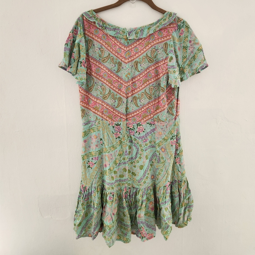 Spell And The Gypsy Paisley Print Ruffle Mini Dress Boho Chic Green Small - Picture 4 of 8